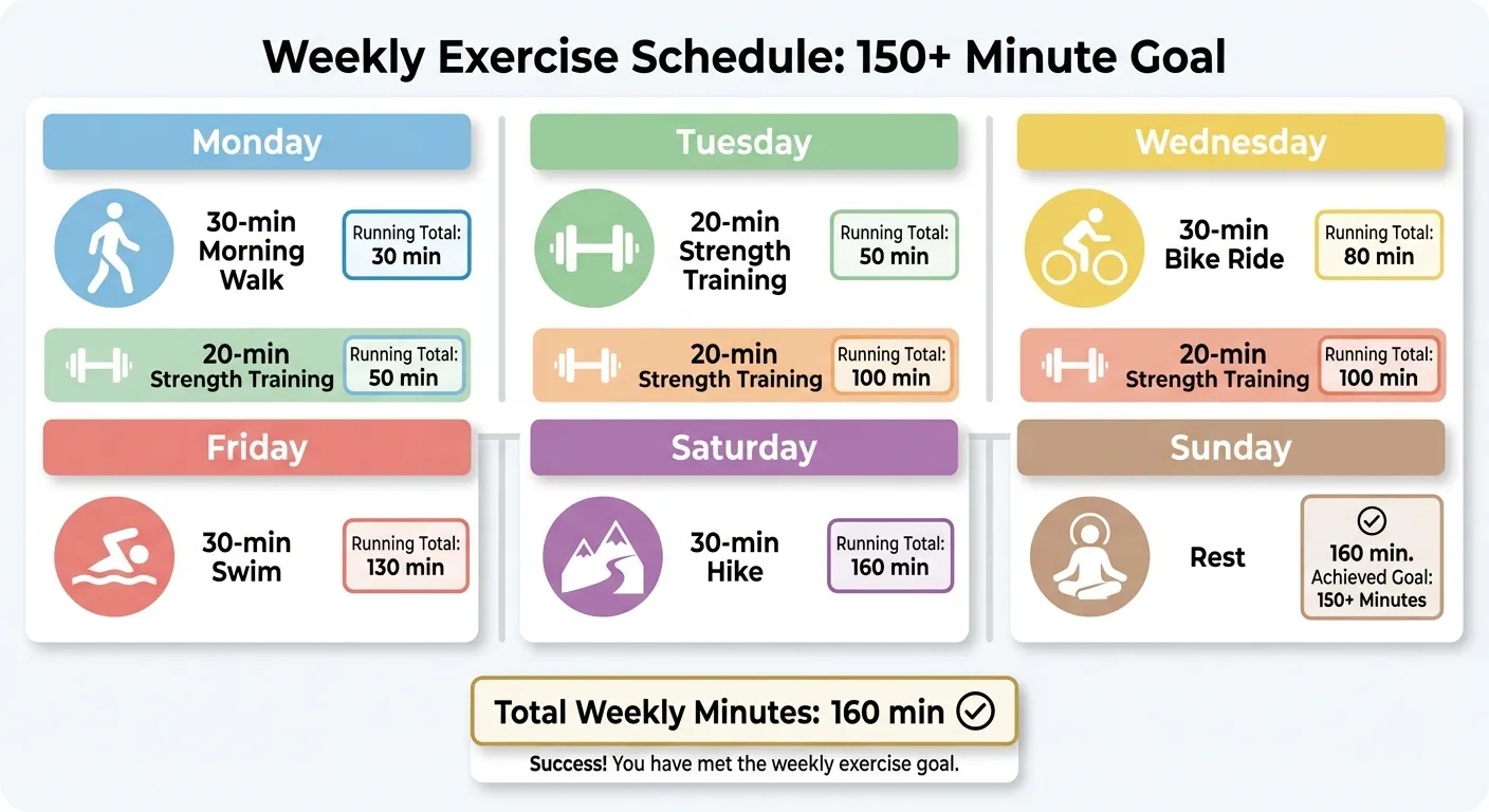 Weekly exercise schedule showing 150 minutes distributed across different activities
