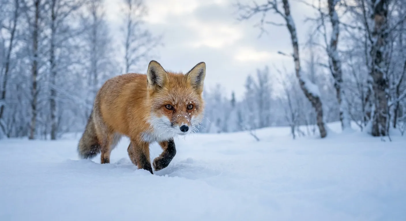 Red fox walking through deep snow in a winter forest with frost on its fur