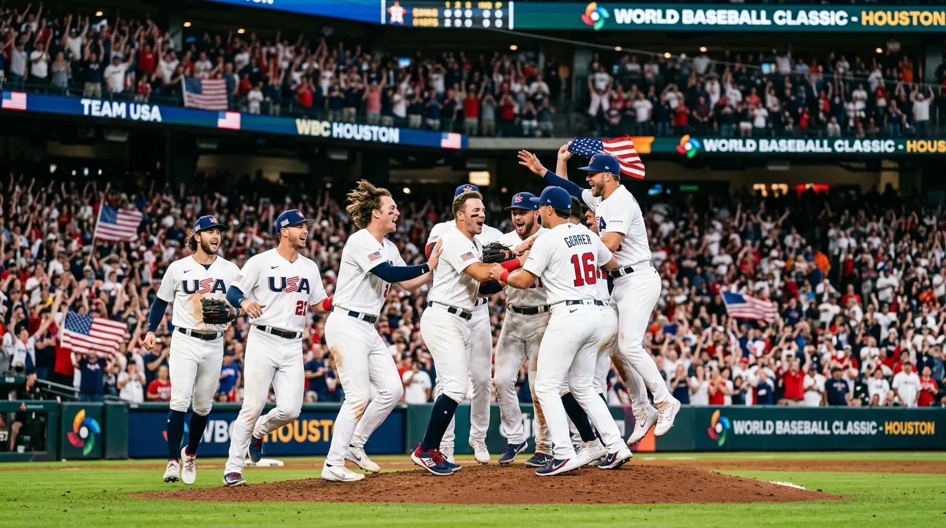 Team USA baseball players in white uniforms celebrating after a play during World Baseball Classic