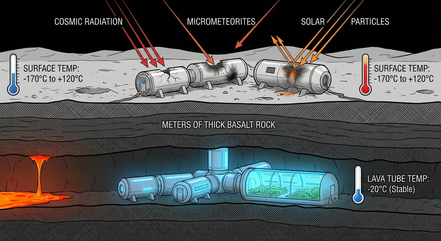 Cross-section diagram comparing lunar surface hazards with protected lava tube interior