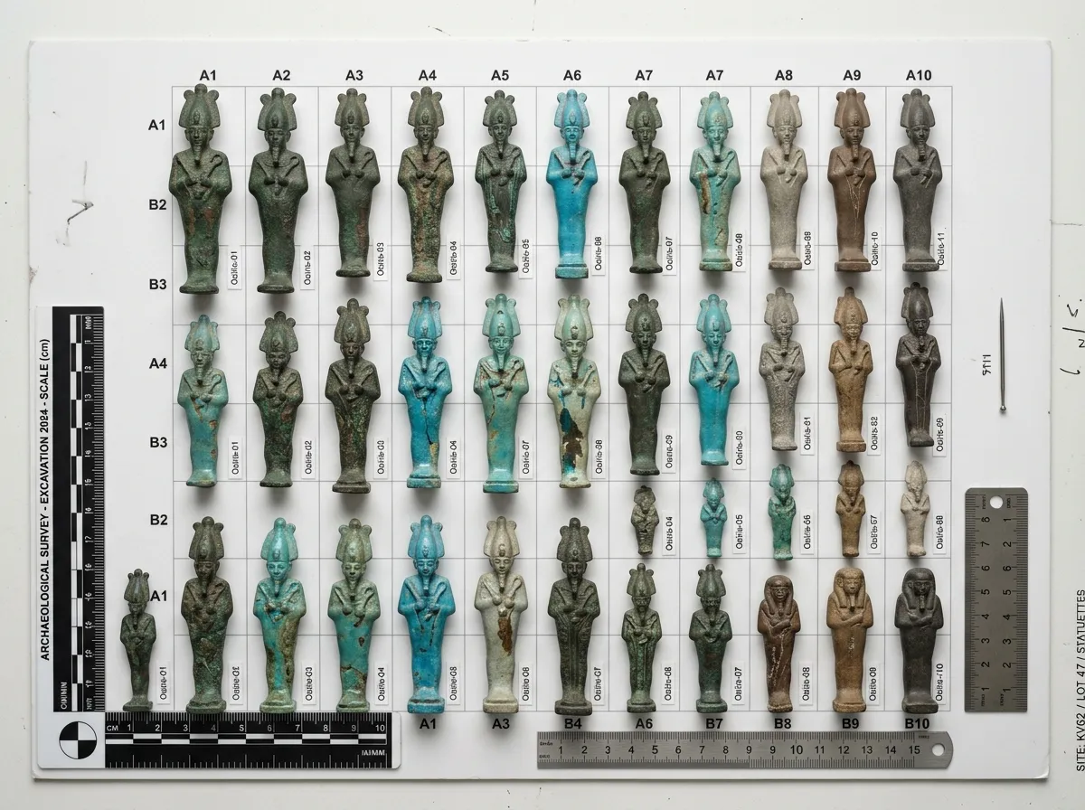 Collection of small Osiris statuettes in various materials displayed on an archaeological documentation table