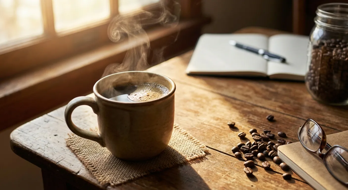 Fresh brewed dark roast coffee in ceramic mug with steam rising on rustic wooden table