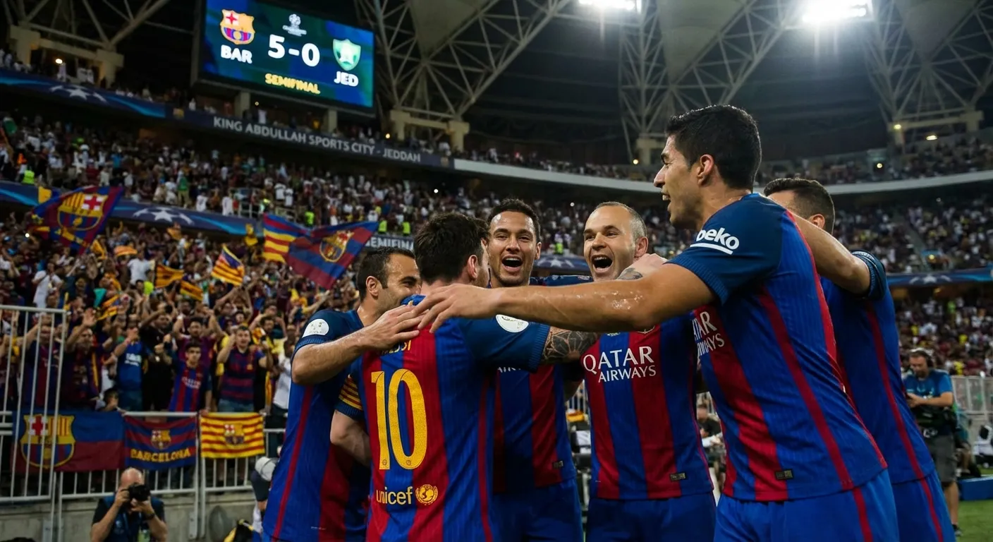 Barcelona players celebrating a goal in their 5-0 semifinal victory