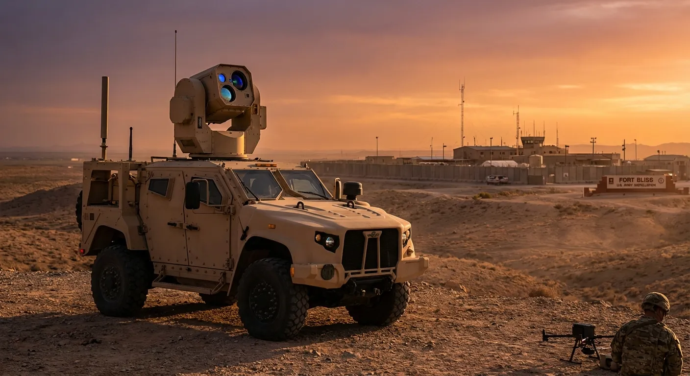 Military laser defense system mounted on vehicle at dusk near a desert base
