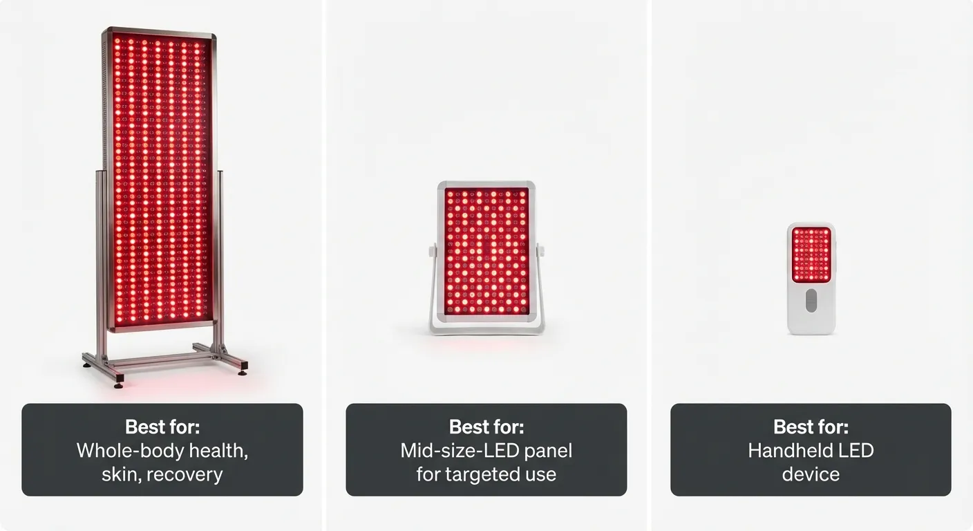 Three types of red light therapy devices displayed with their best use cases labeled