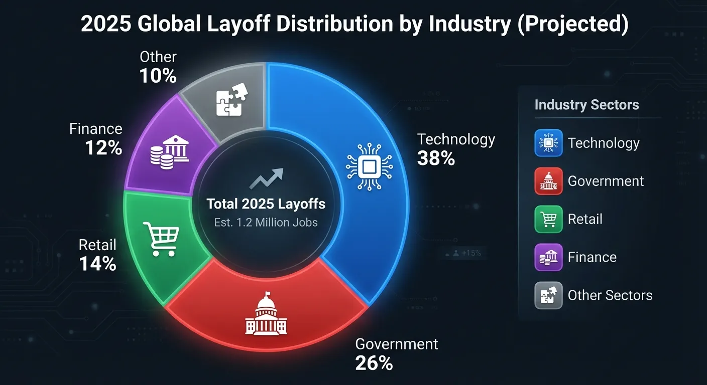 Pie chart showing layoff distribution by industry sector in 2025