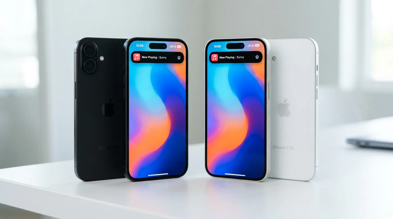 Apple iPhone 17e in black and white displayed on a minimalist desk