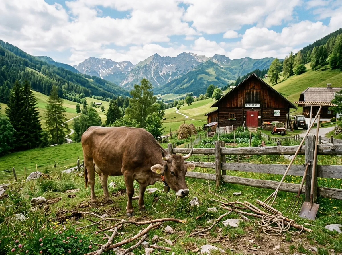 Austrian organic farm with open pastures and scattered objects including branches and tools