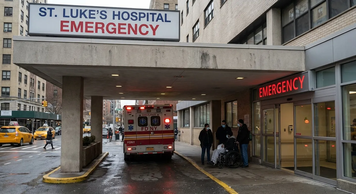 Hospital emergency room entrance with ambulance and patients waiting