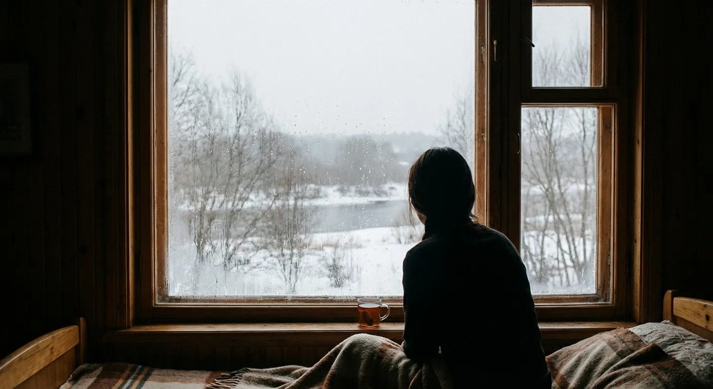 Person looking through a rain-streaked window at a gray winter landscape, conveying seasonal melancholy