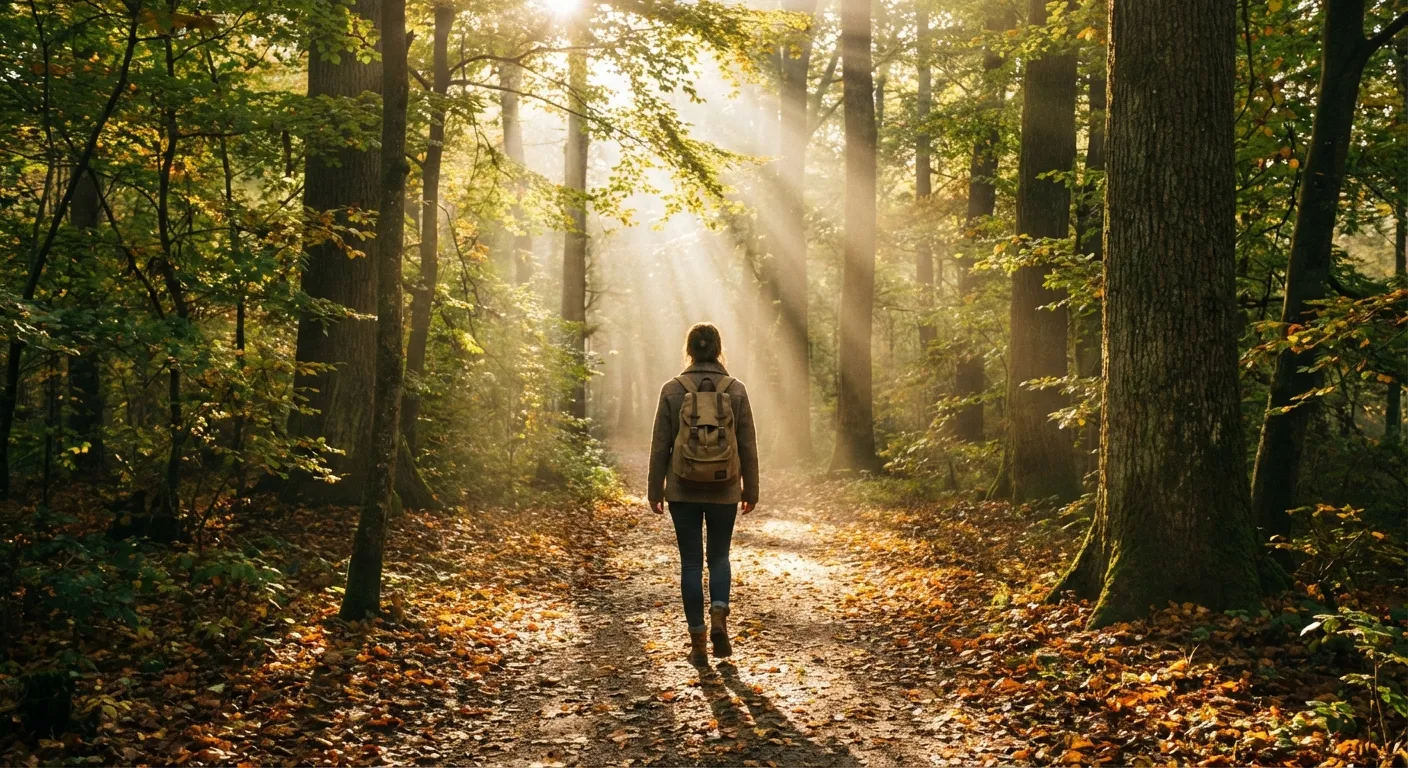 Person walking on forest trail with morning sunlight through trees