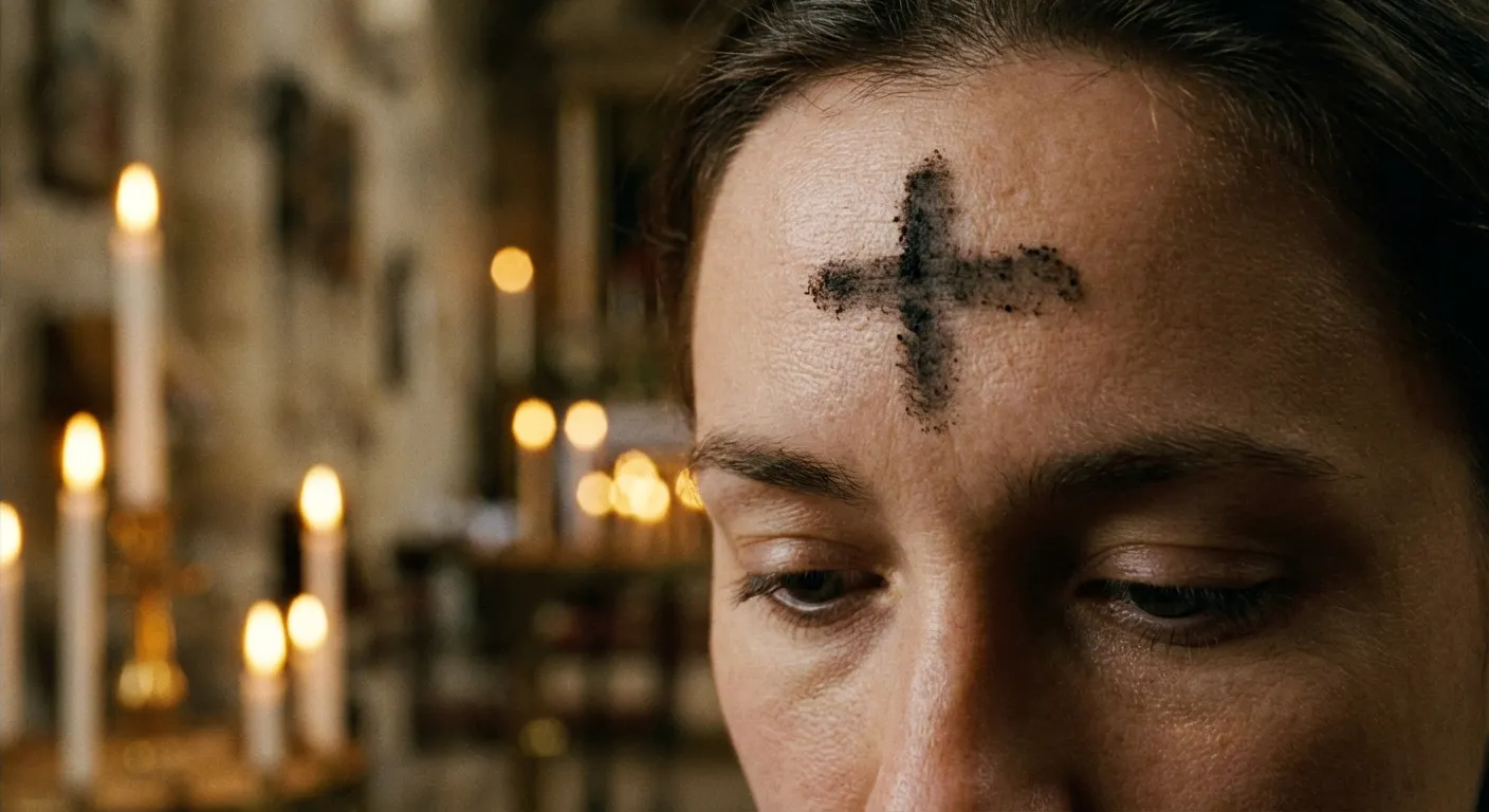 Ash cross on a person's forehead with soft church candlelight behind