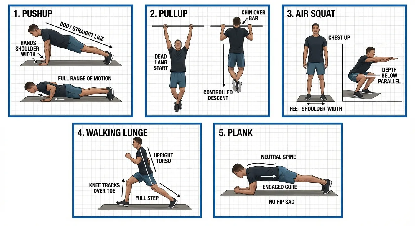 Demonstration of the five fundamental military calisthenics movements with proper form cues