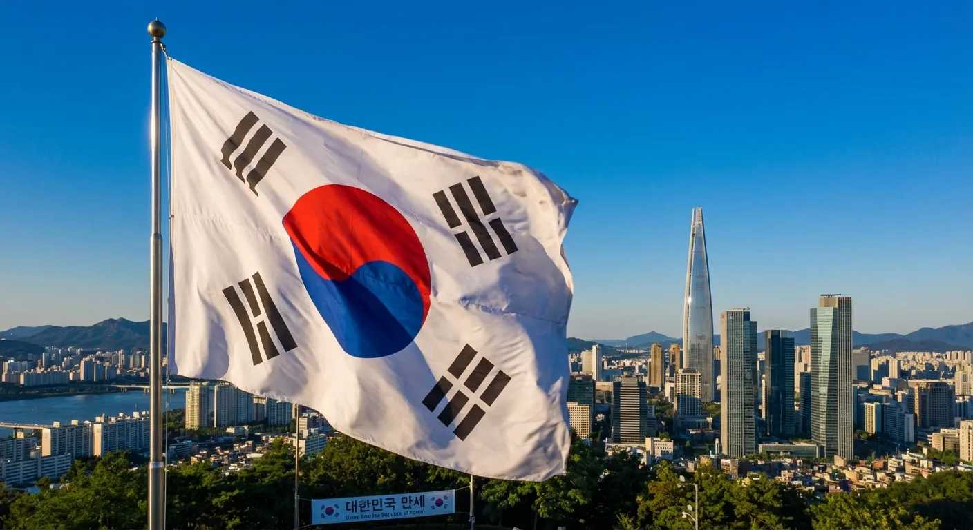 South Korean flag waving with Seoul cityscape representing national identity and democratic values