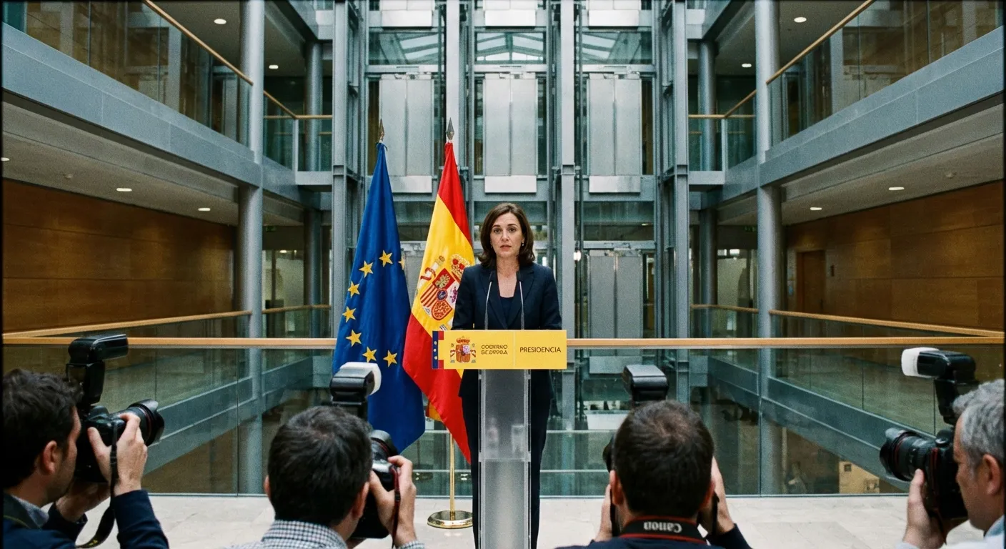 Spanish Prime Minister Pedro Sanchez at a press conference with EU flags