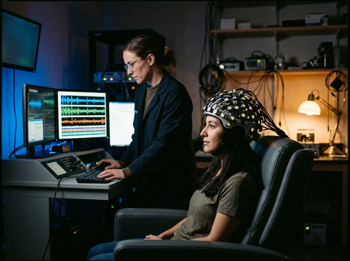 A laboratory volunteer wearing an ultrasound helmet in a dim neuroimaging suite with a researcher at a console