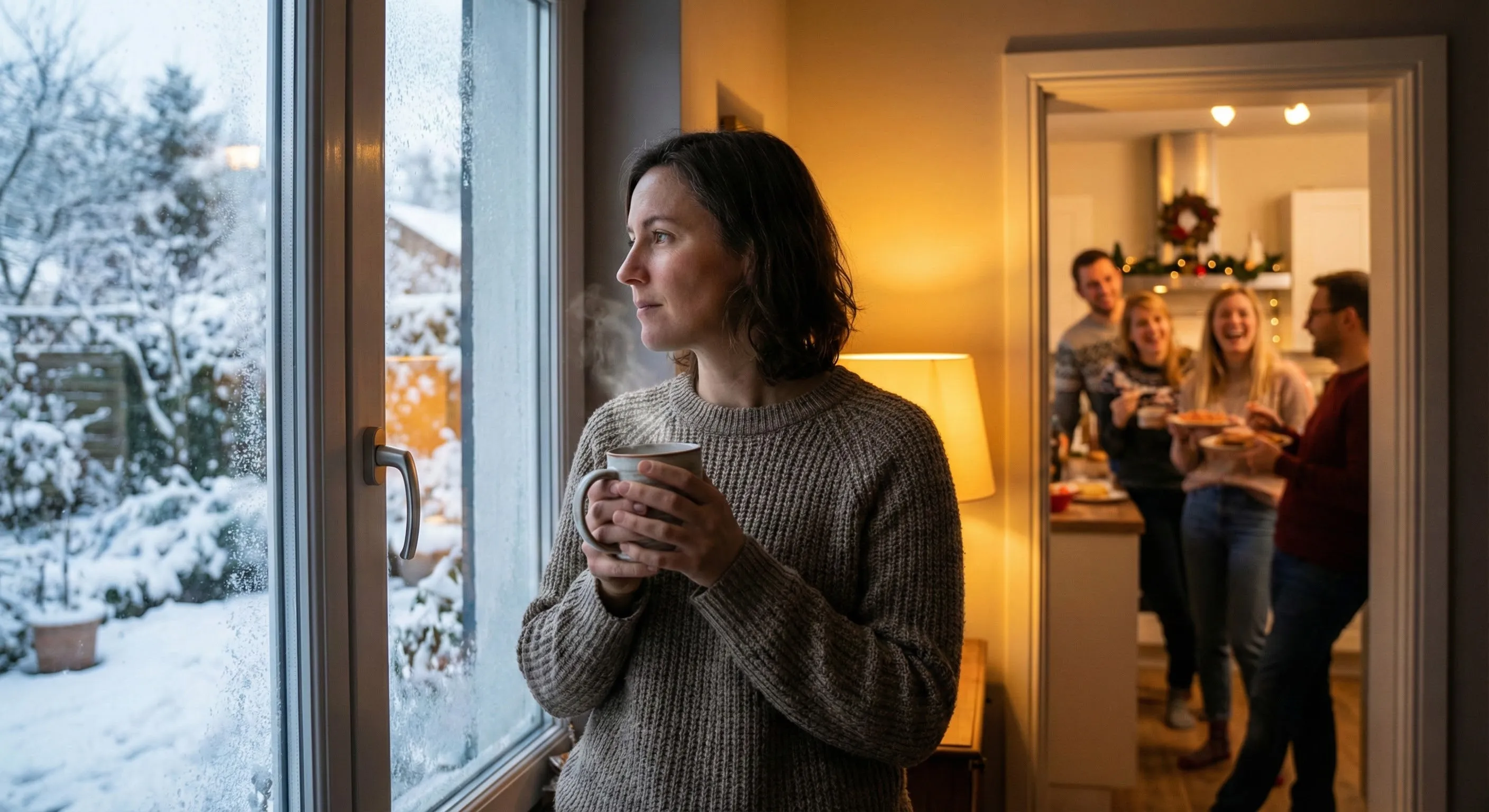A calm person sipping tea while looking out a window, away from a busy room