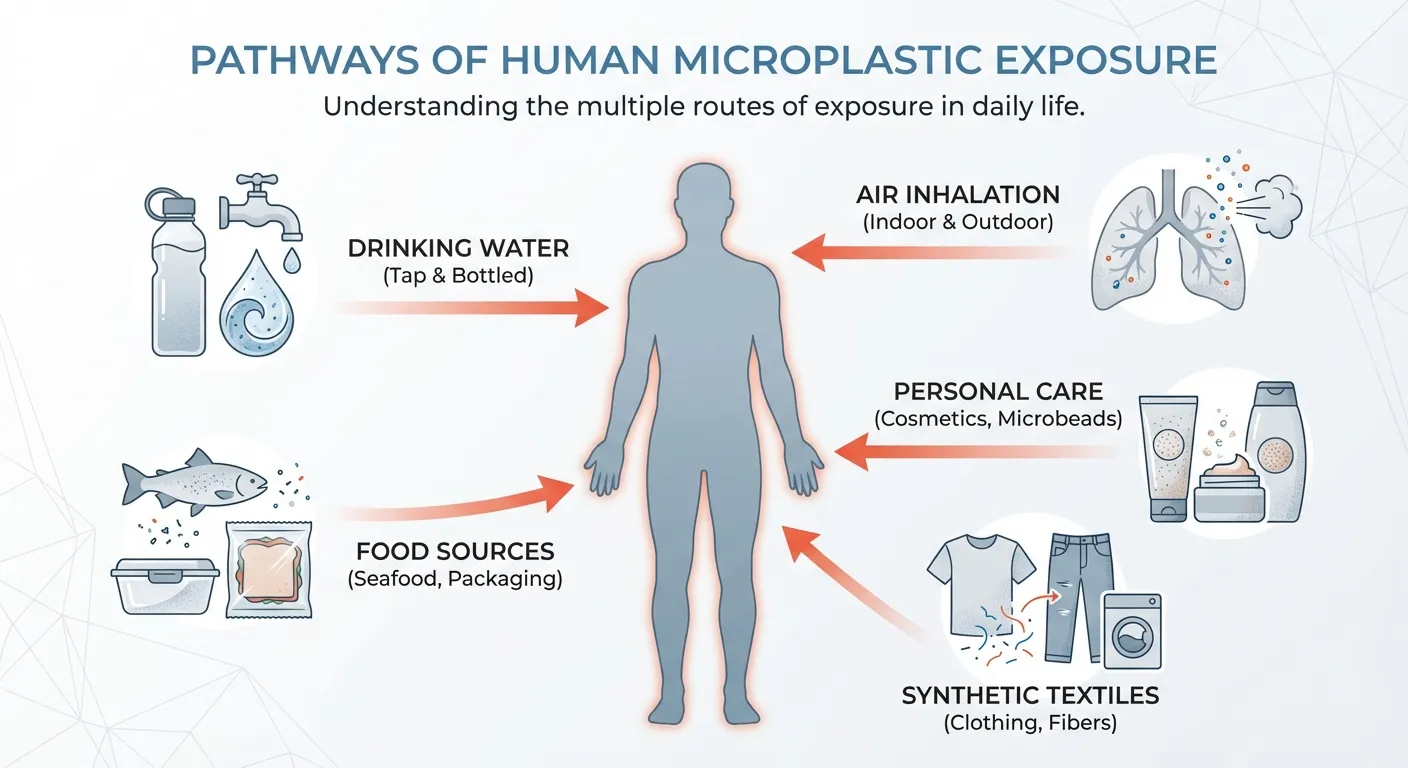 Infographic showing multiple pathways of microplastic exposure including water, food, air, and consumer products