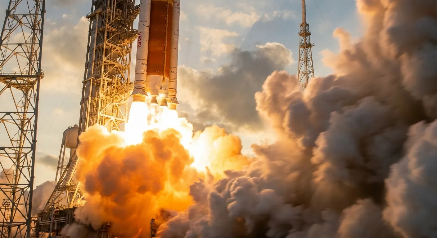 Space Launch System rocket lifting off with massive flames and smoke
