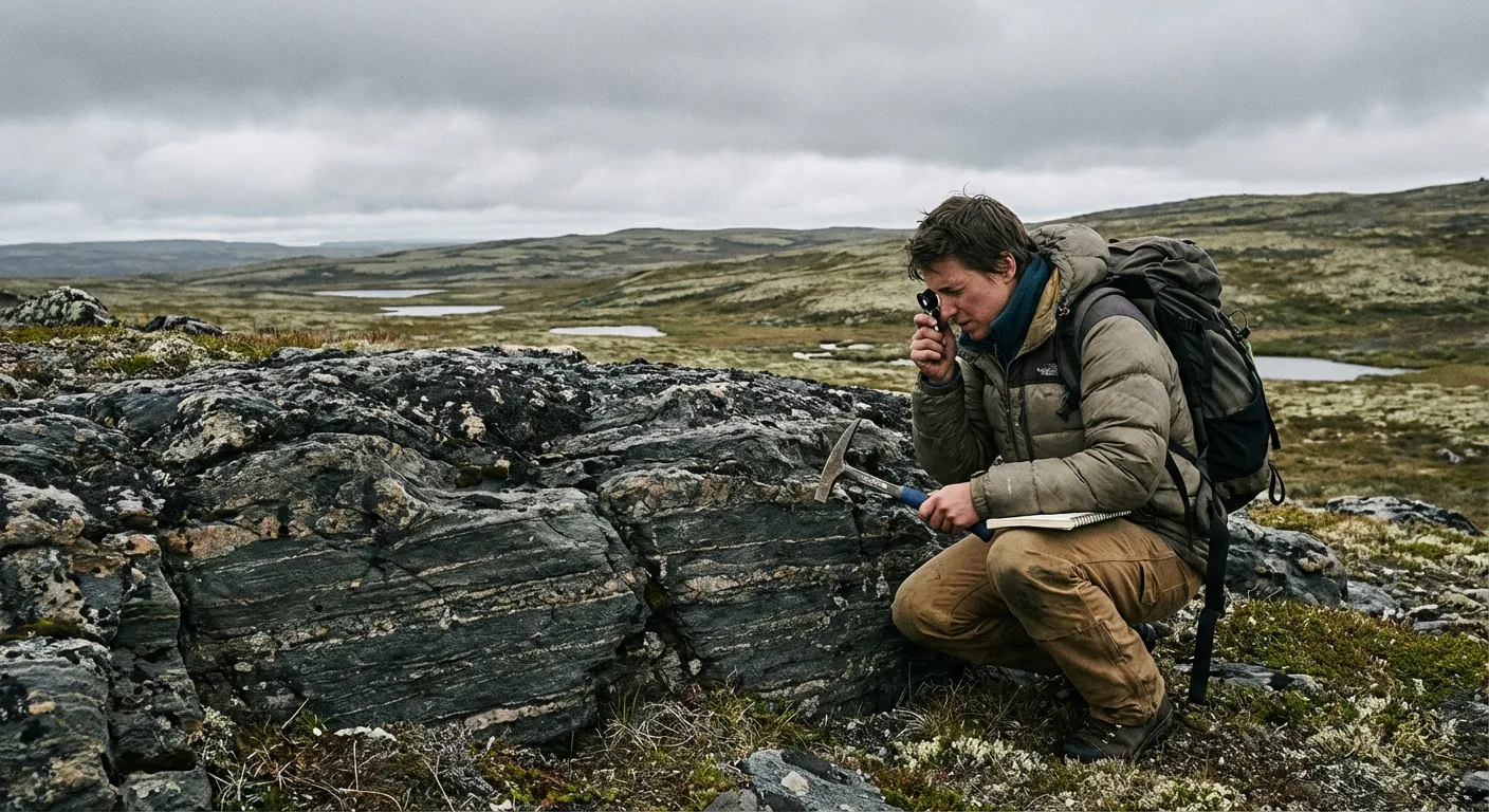 Geologist examining rock samples from the Nuvvuagittuq formation in northern Quebec