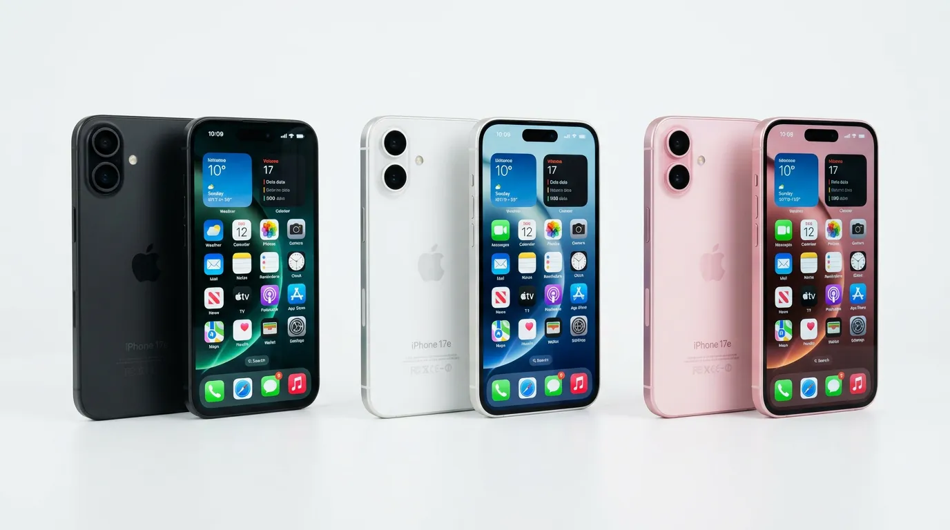 Apple iPhone 17e in three colors displayed on a clean white surface