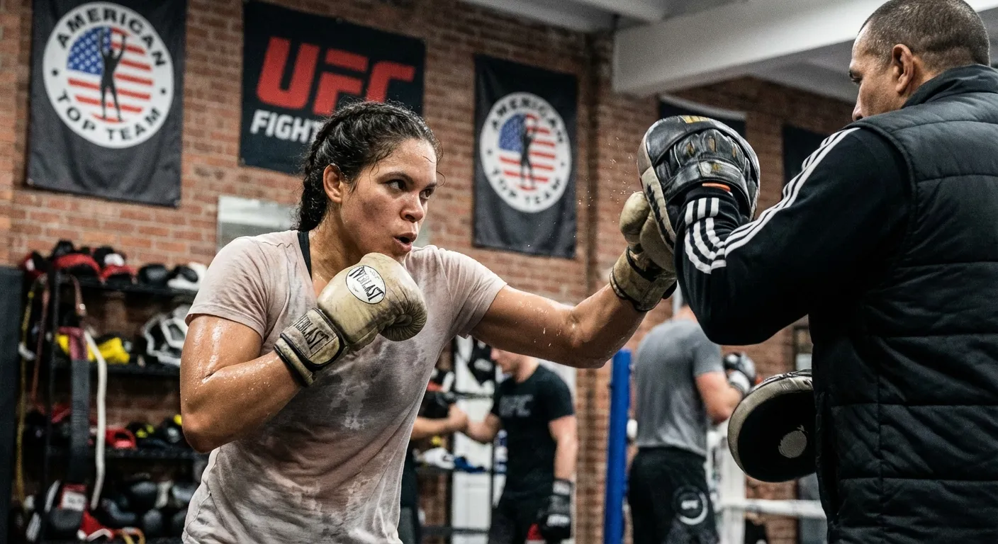Amanda Nunes training in gym throwing punches with intensity