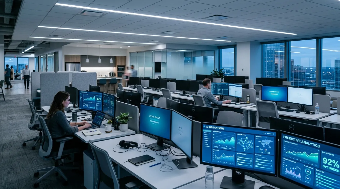 Corporate office with empty desks and AI interface screens glowing on monitors
