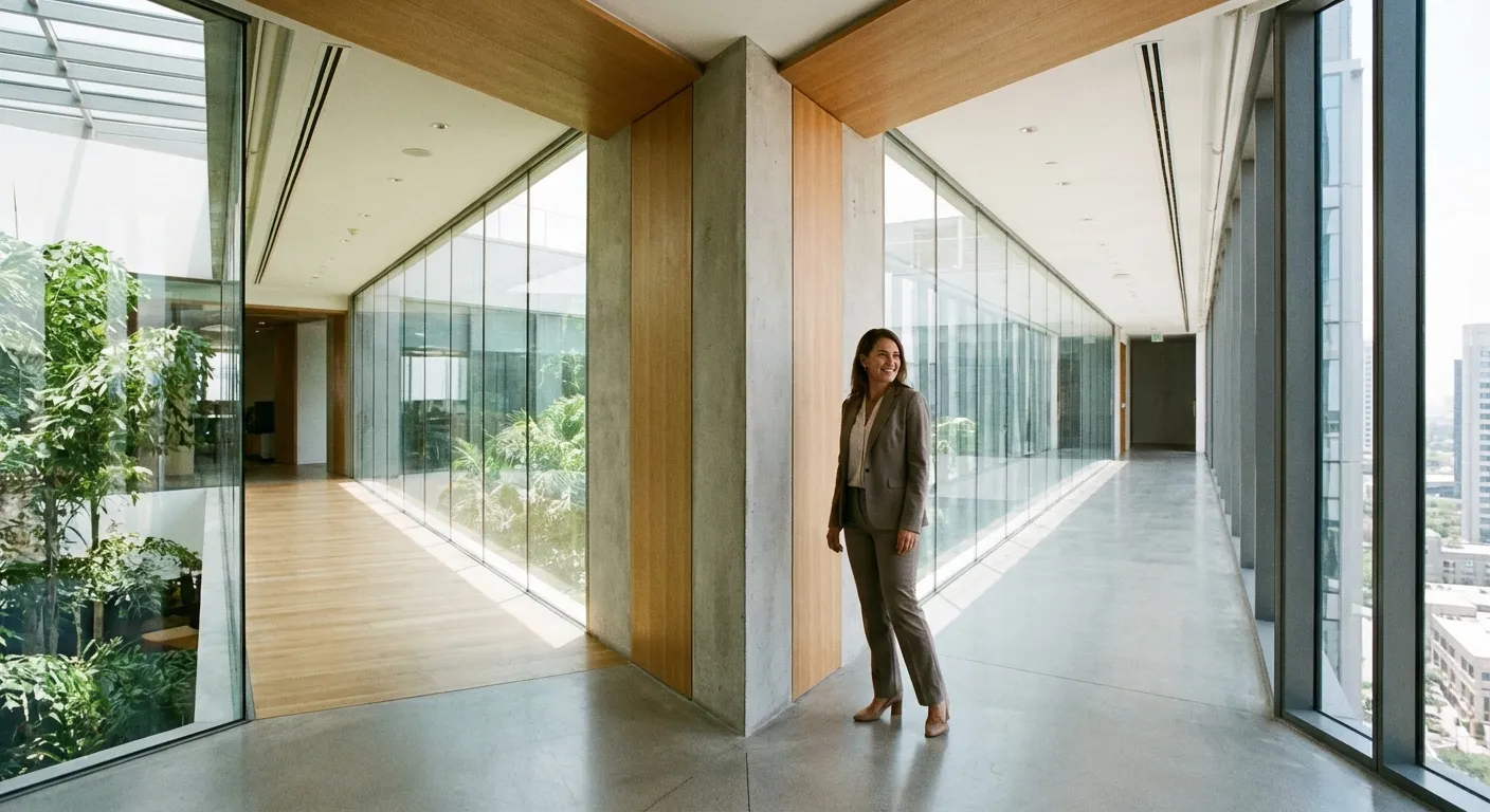 Professional person standing at a fork in a hallway choosing between two bright corridors