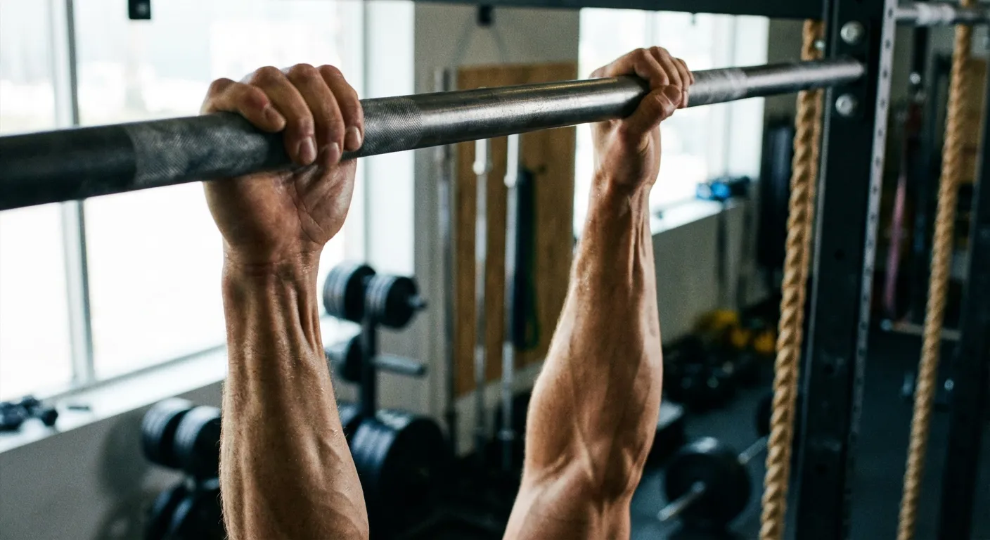 Close-up of person's hands gripping pull-up bar during dead hang exercise