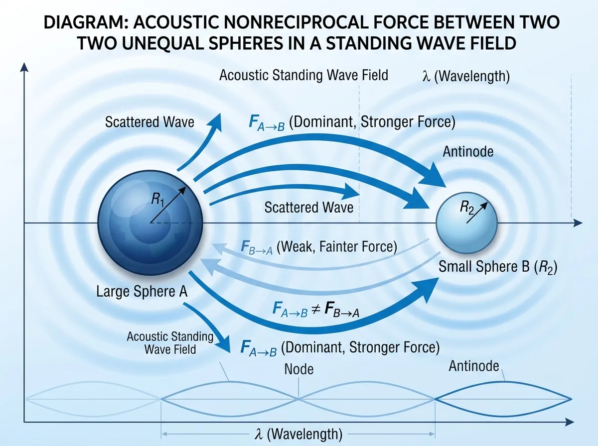 Diagram showing two different-sized spheres exchanging asymmetric sound wave forces