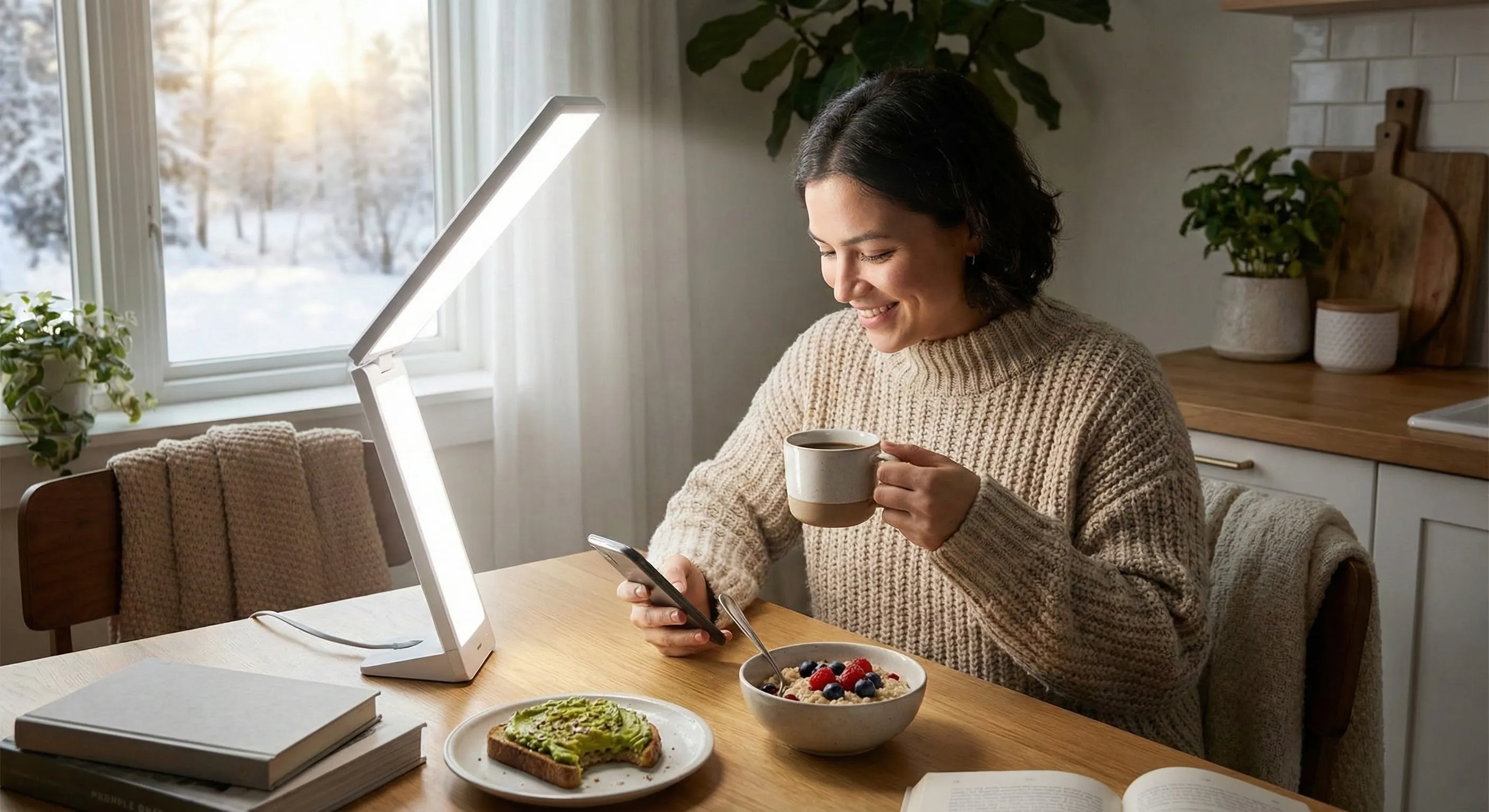 Person using a light therapy box while having breakfast near a window