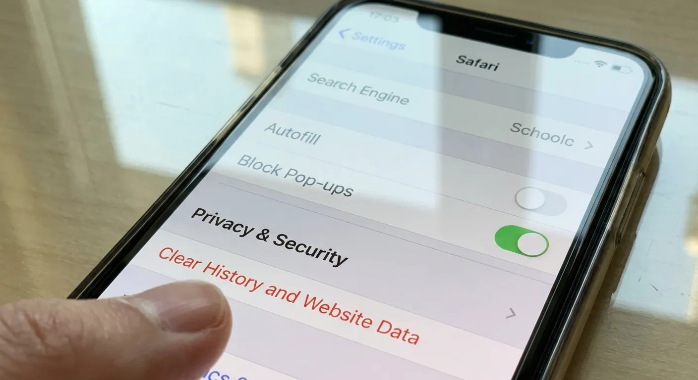 iPhone settings screen showing Safari cache clearing option