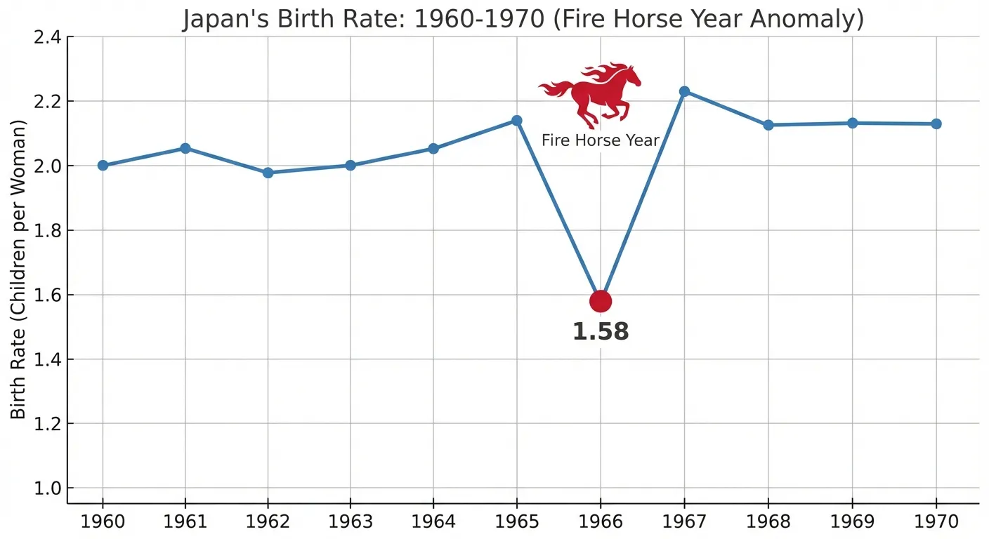 Graph showing Japan's dramatic birth rate drop in 1966 during the Fire Horse year