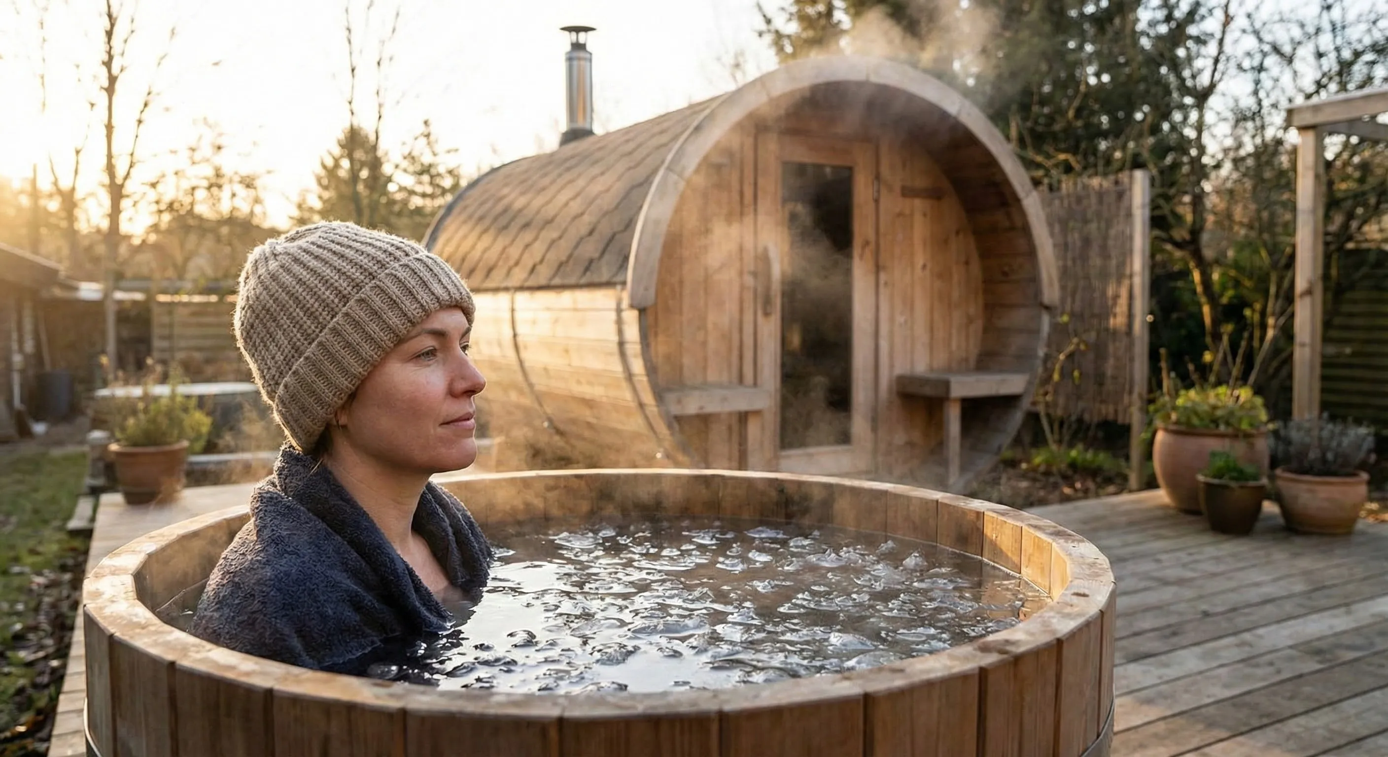 Person emerging from a cold plunge next to a sauna, demonstrating contrast therapy setup