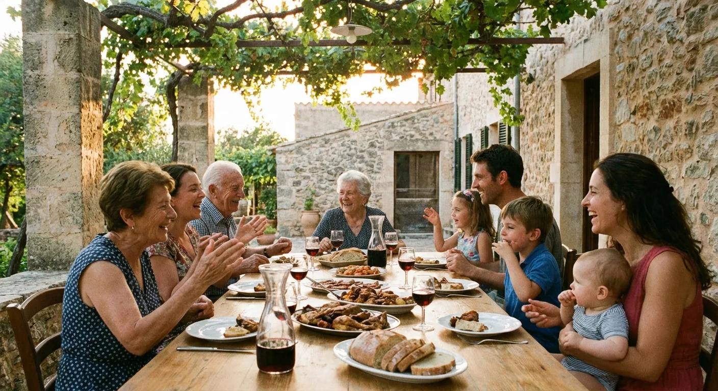 Multi-generational family gathering in a blue zone community demonstrating social bonds