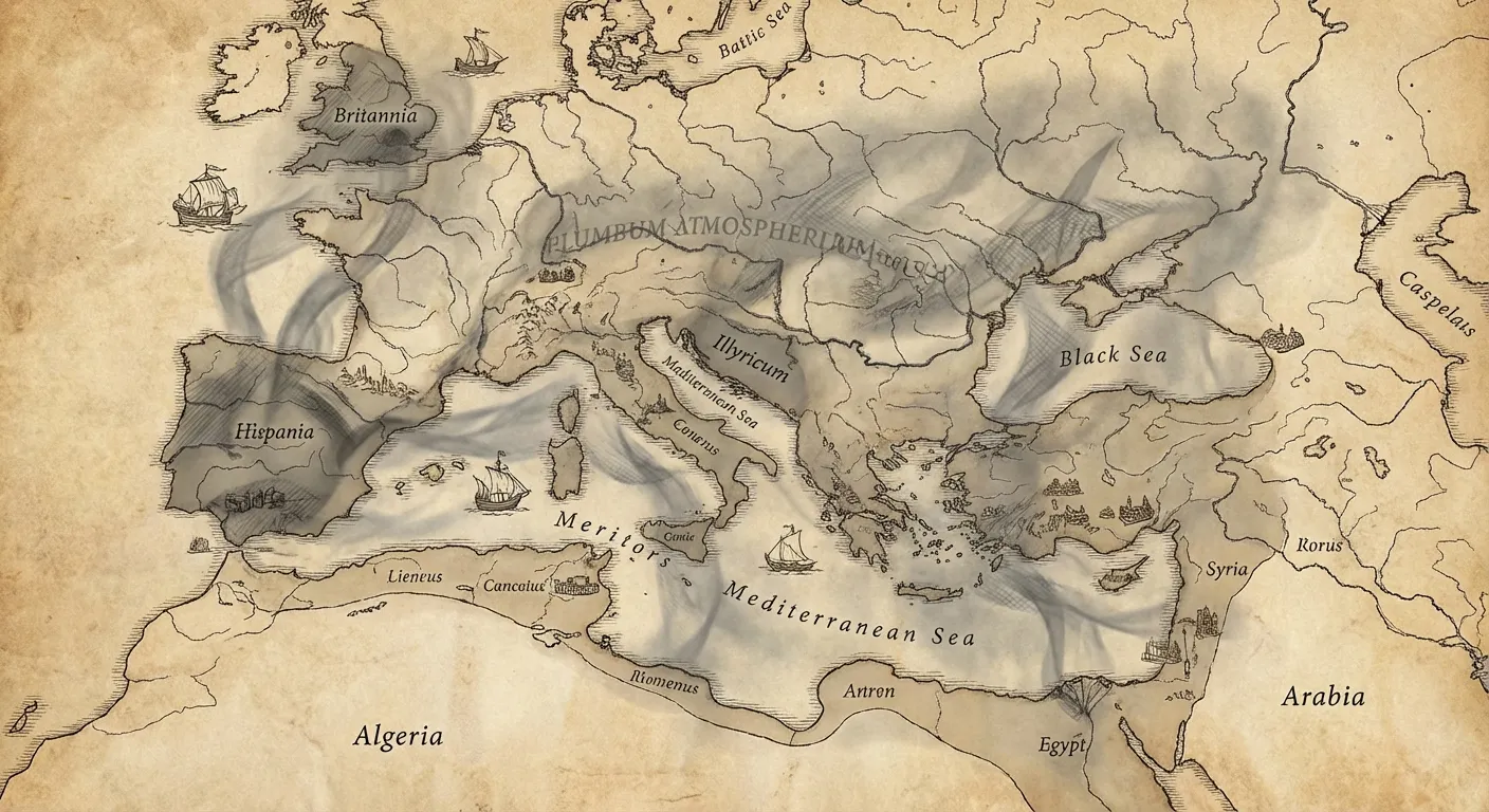 Stylized map showing Roman Empire boundaries overlaid with atmospheric lead dispersion patterns