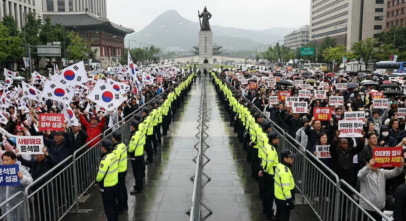 Divided crowd of Korean protesters with opposing signs separated by police