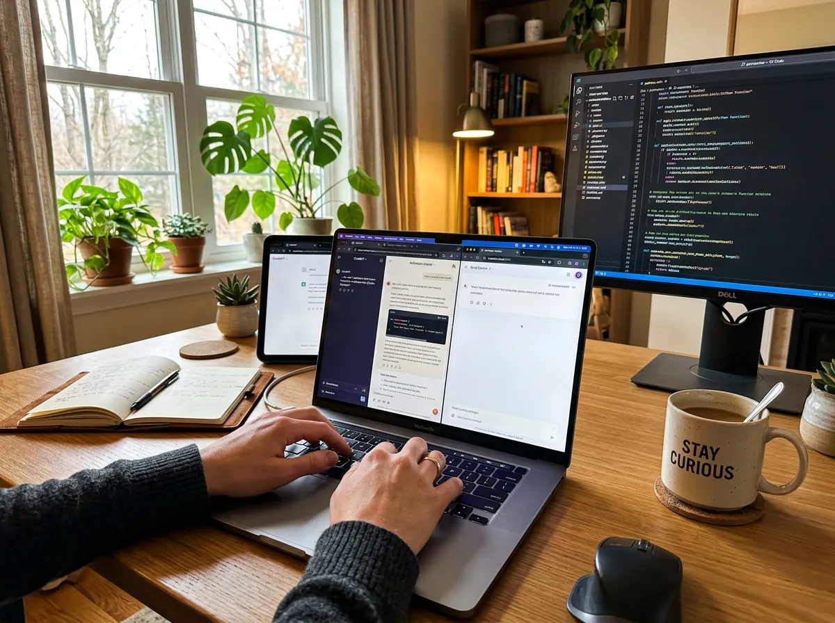 Person using laptop with multiple browser tabs showing different AI chatbot interfaces