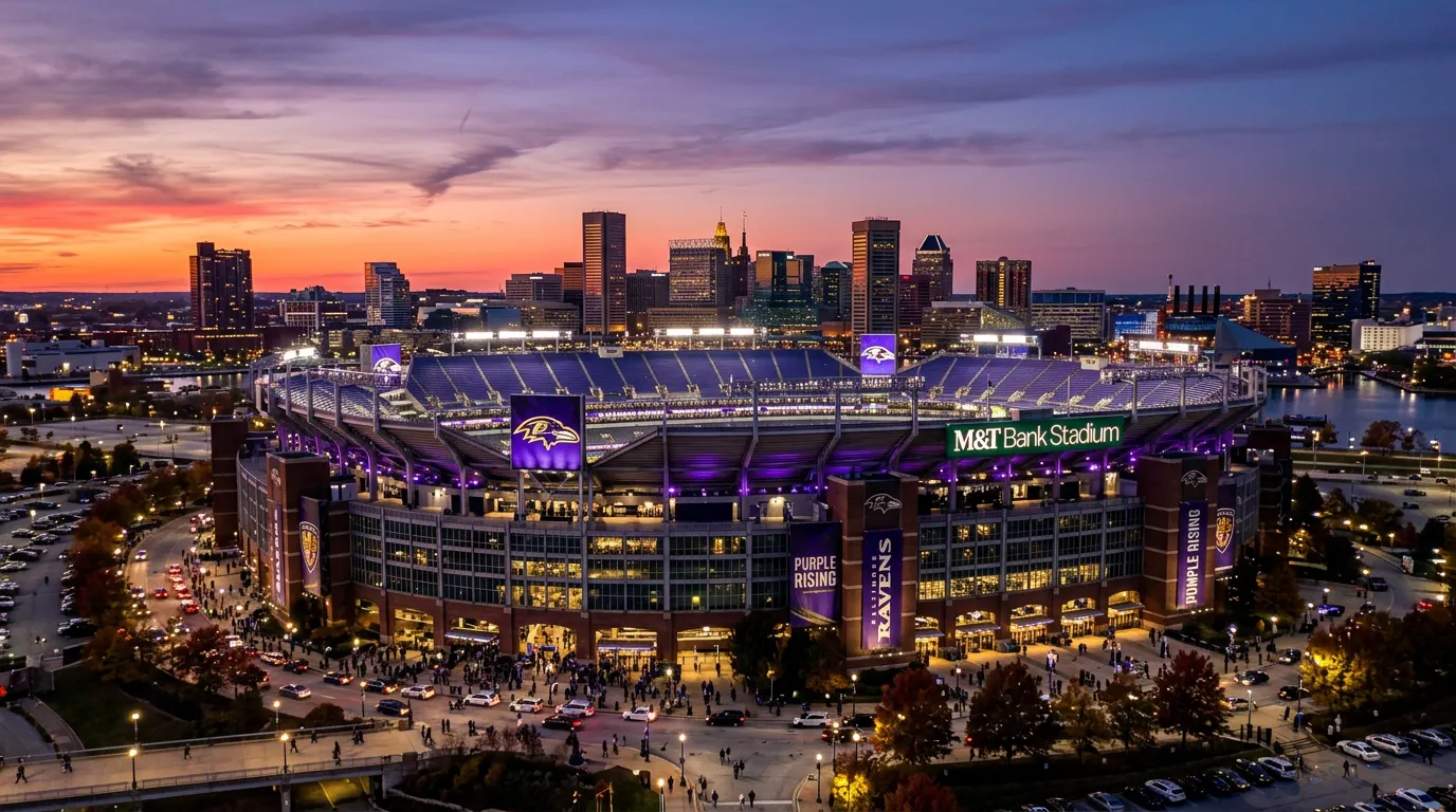Baltimore Ravens stadium exterior at dusk with team banners and city skyline