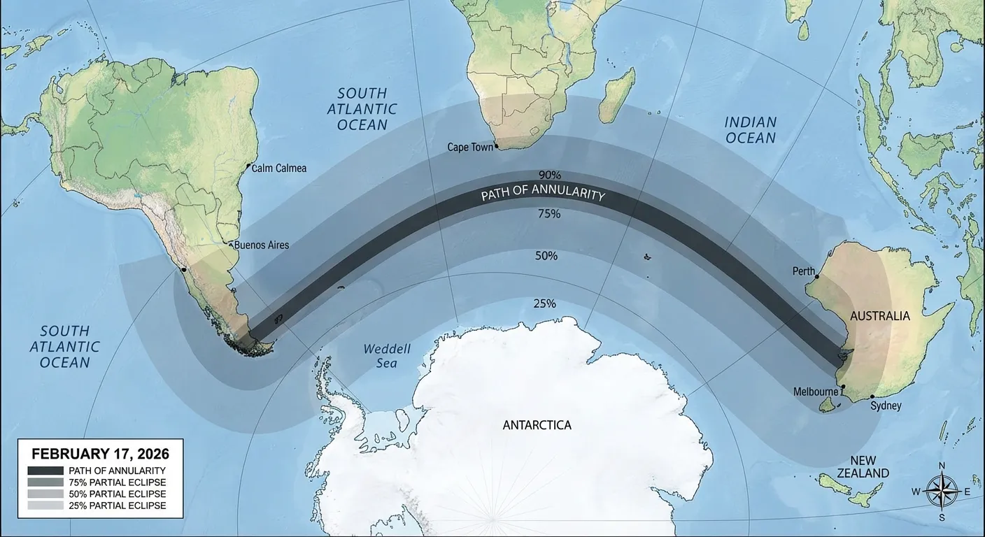 Map showing path of annular eclipse across southern Africa and Antarctica