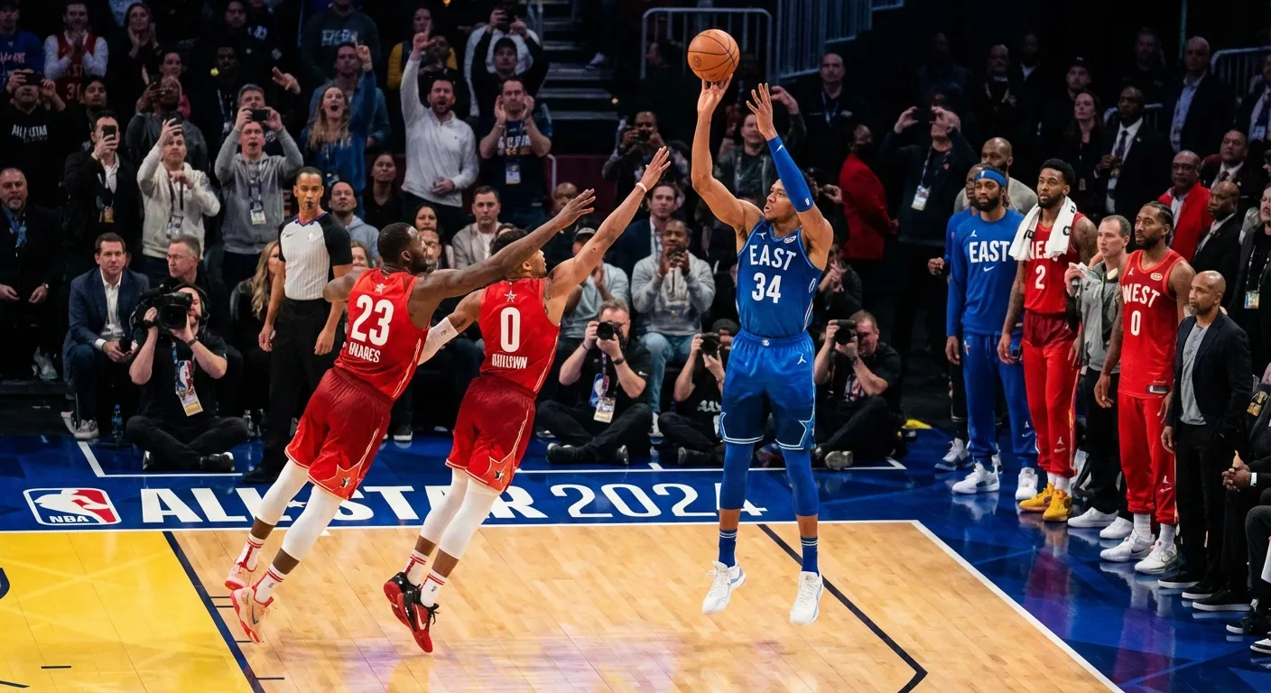 Basketball player shooting a contested fadeaway jumper during an intense All-Star Game sequence