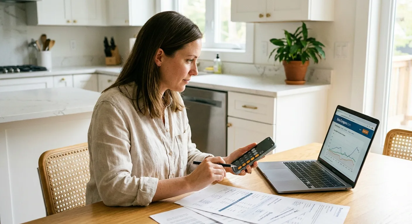 Person reviewing mortgage documents and using a calculator at a kitchen table