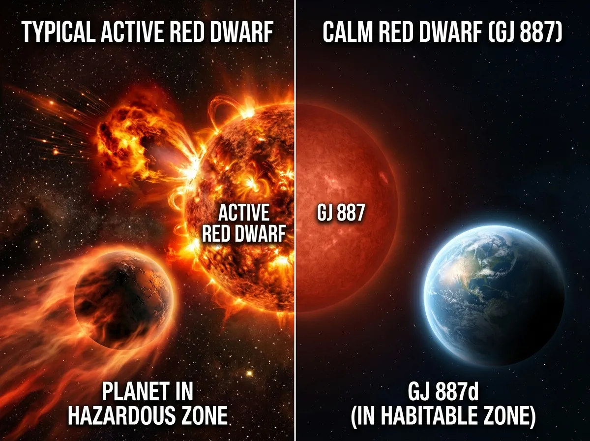 Comparison of a flaring red dwarf star versus the calm star GJ 887