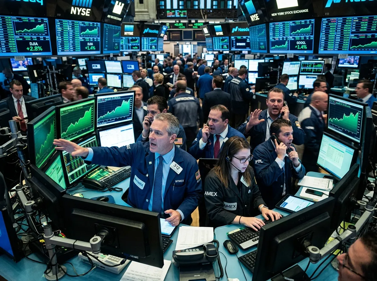 Stock market trading floor showing green screens and traders reacting to ceasefire news