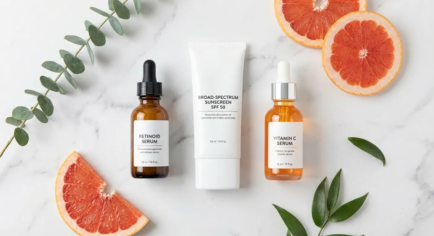 Skincare products including retinoid serum and sunscreen arranged with scientific precision