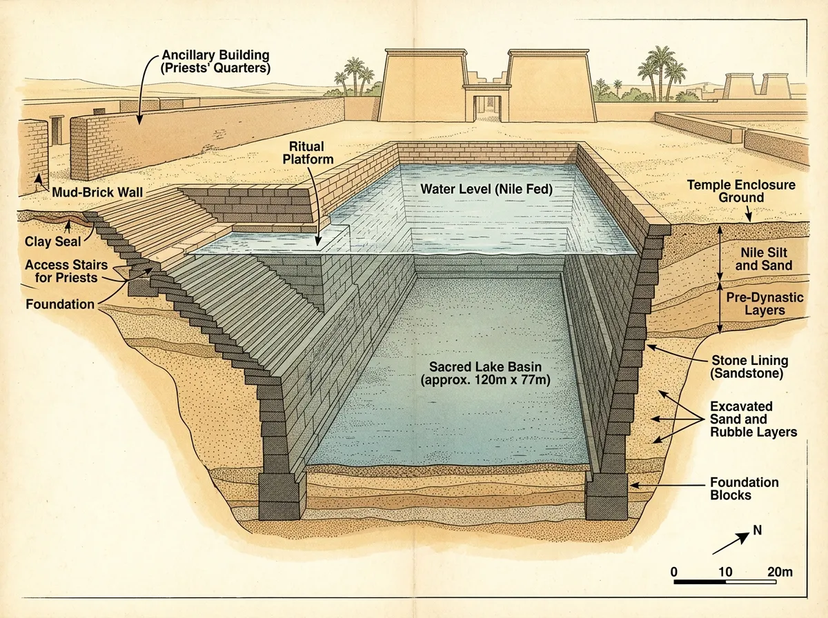 Illustrated cross-section diagram of an ancient Egyptian sacred lake showing stone walls and ritual elements
