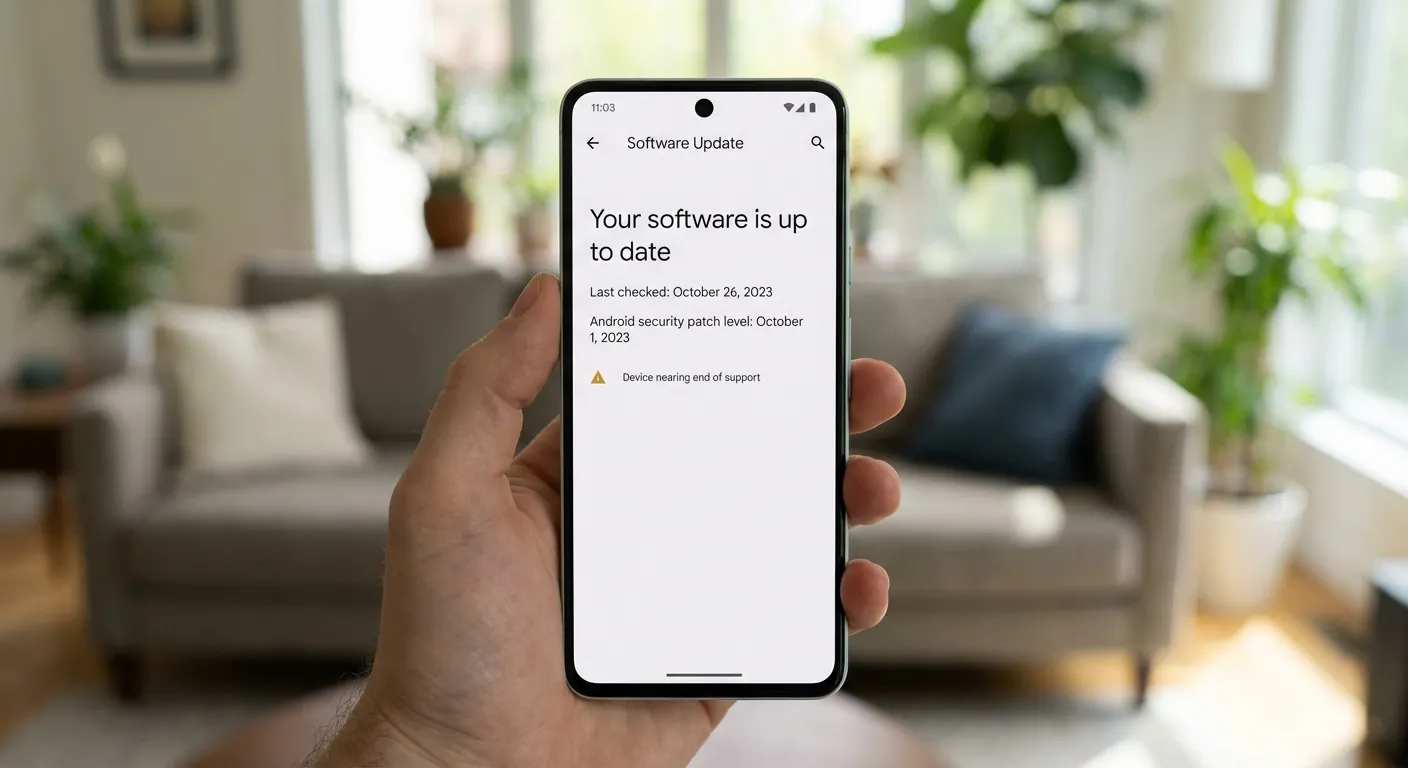 Phone settings screen showing software update status with warning icon