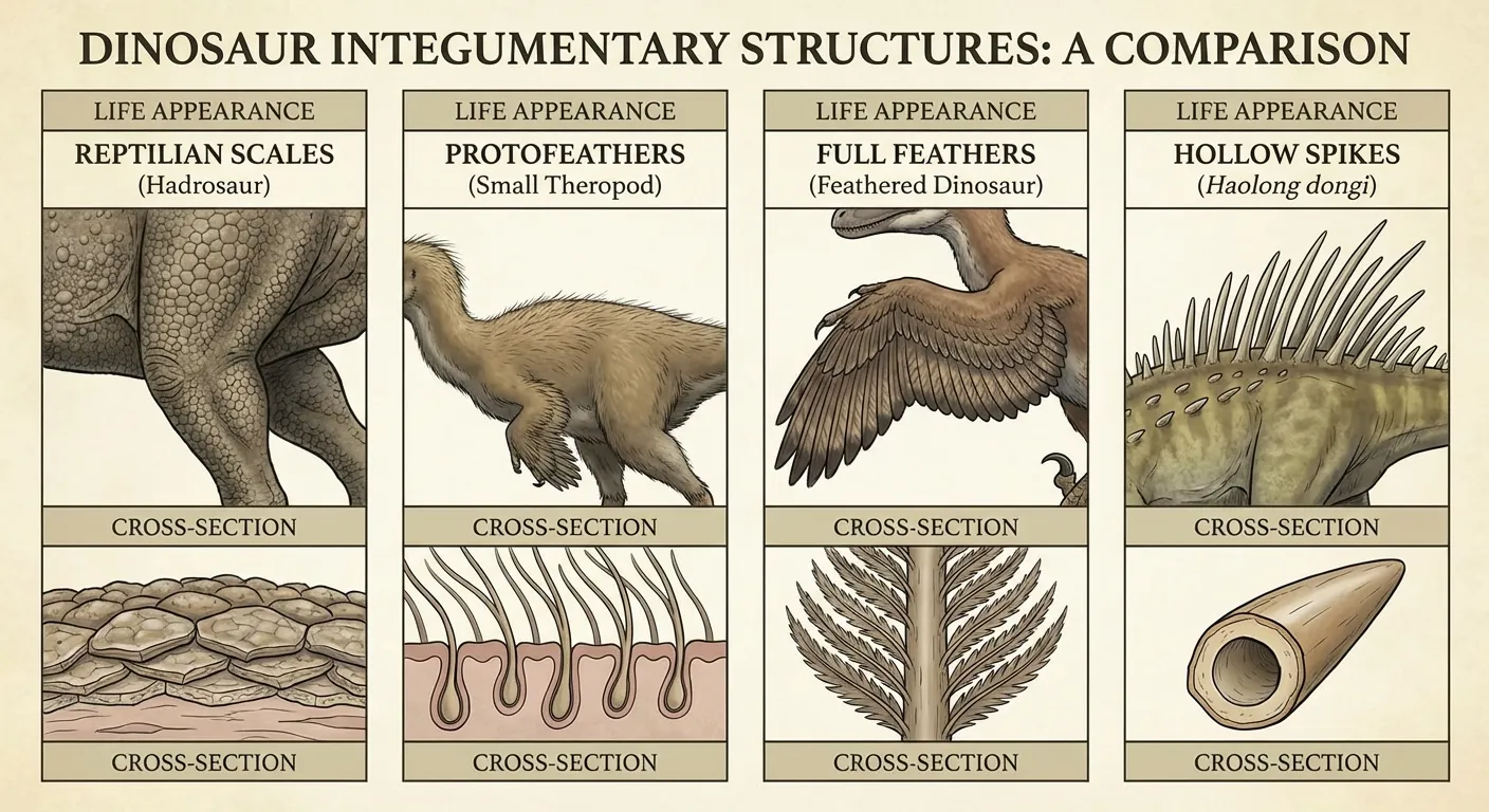 Comparison illustration showing different dinosaur integument types from scales to feathers to spikes