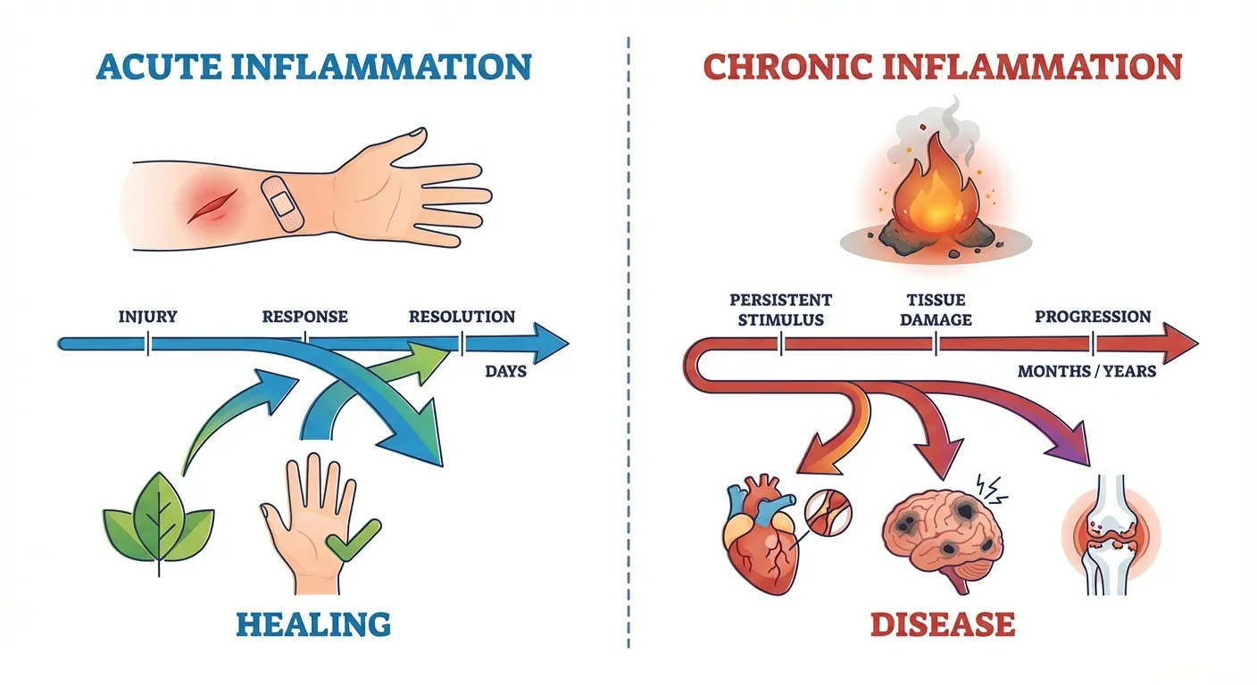 Infographic comparing acute inflammation (protective, short-term) versus chronic inflammation (damaging, persistent)