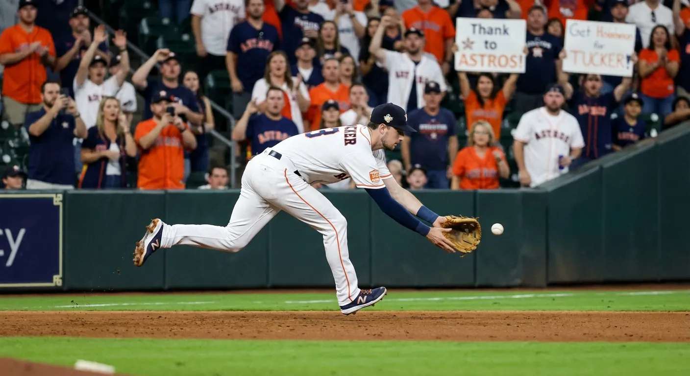 Kyle Tucker making a running catch in the outfield